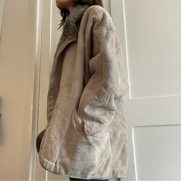 Vintage grey cream genuine sheepskin shearling jacket aviator style high end - Picture 7 of 8